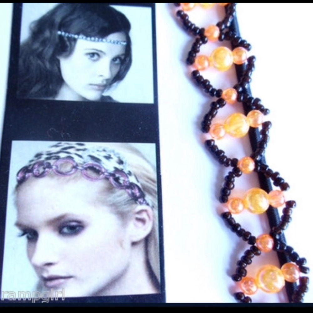 Beaded Headband Brown Orange Soft Elastic